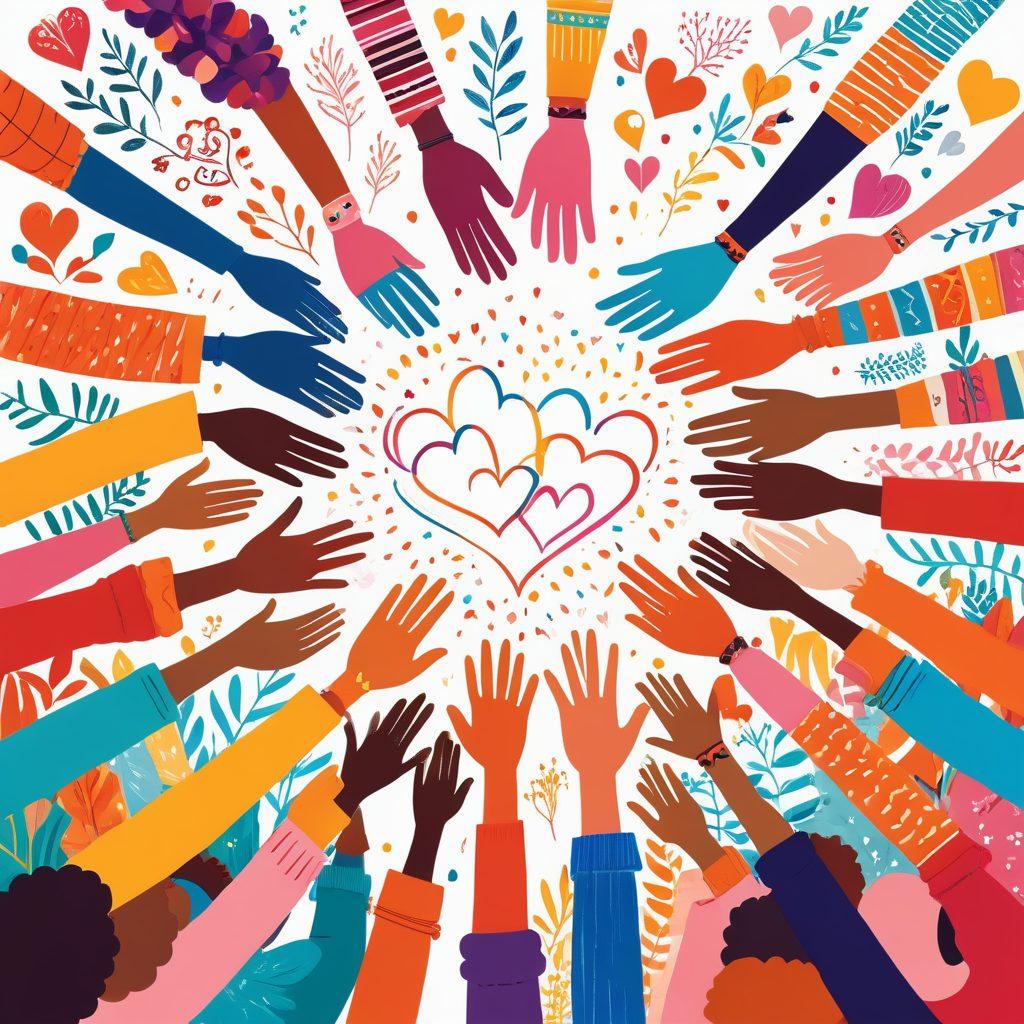 A diverse group of people from various backgrounds joyfully collaborating in a vibrant outdoor setting, actively participating in community happiness initiatives, surrounded by colorful decorations and symbols of unity, such as interlocking hands and hearts. The scene captures a sense of empowerment and positivity. bright colors. illustration. uplifting mood.