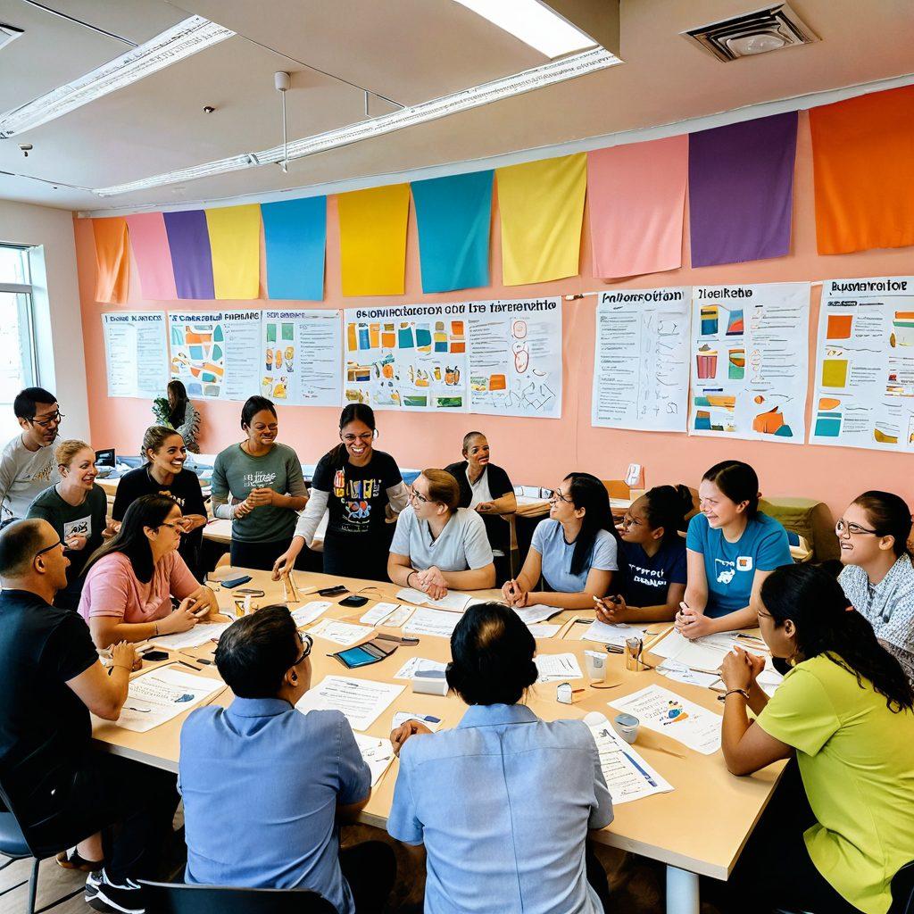 A warm gathering of diverse people engaged in a workshop, sharing laughter and ideas, with vibrant decorations and a cozy atmosphere. Include elements like colorful banners, interactive stations, and what looks like a team-building activity in action. Emphasize joyful expressions and a sense of community among the participants. soft pastel colors. illustration.
