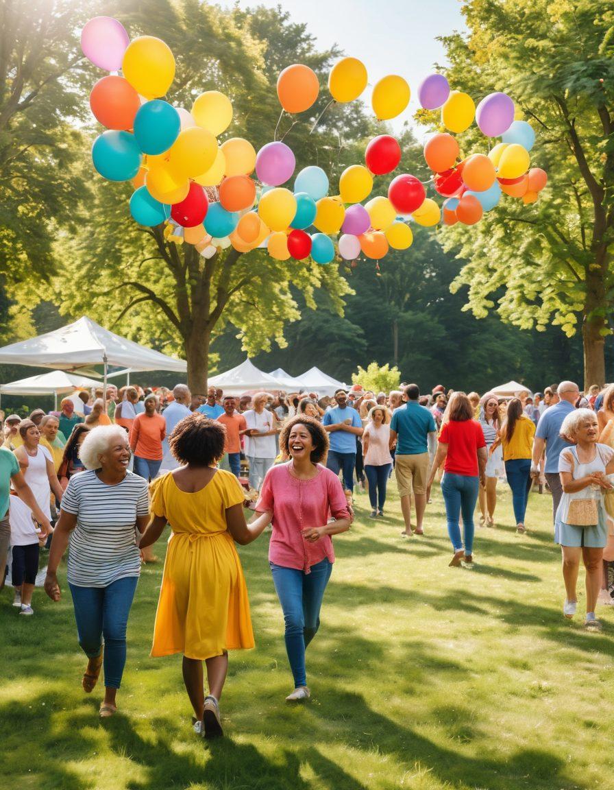 A vibrant community gathering in a park, showcasing diverse people of all ages smiling, engaged in joyful activities like dancing, sharing food, and playing games. Colorful banners of support and happiness hang in the background, with sunflowers and balloons adding to the cheerful atmosphere. The scene symbolizes connection and well-being, radiating positivity and joy. super-realistic. bright colors. natural setting.
